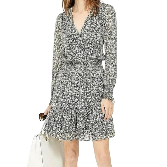 NWT Michael Kors Black White Green Smocked Waist Cuff Ruffle Floral Dress Large - Picture 1 of 7